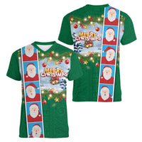 Merry Christmas Women V-Neck T-Shirt Funny Santa Claus Cards Photo and Polynesian Pattern Green Color LT03 - Polynesian Pride
