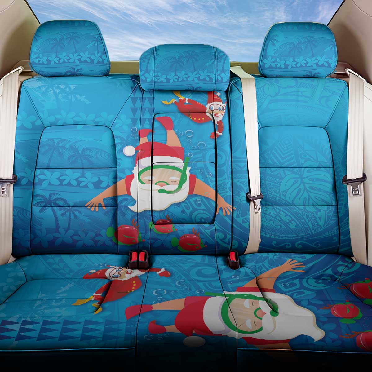 Hawaiian Santa Claus Snorkeling Back Car Seat Cover Kakau and Polynesian Pattern