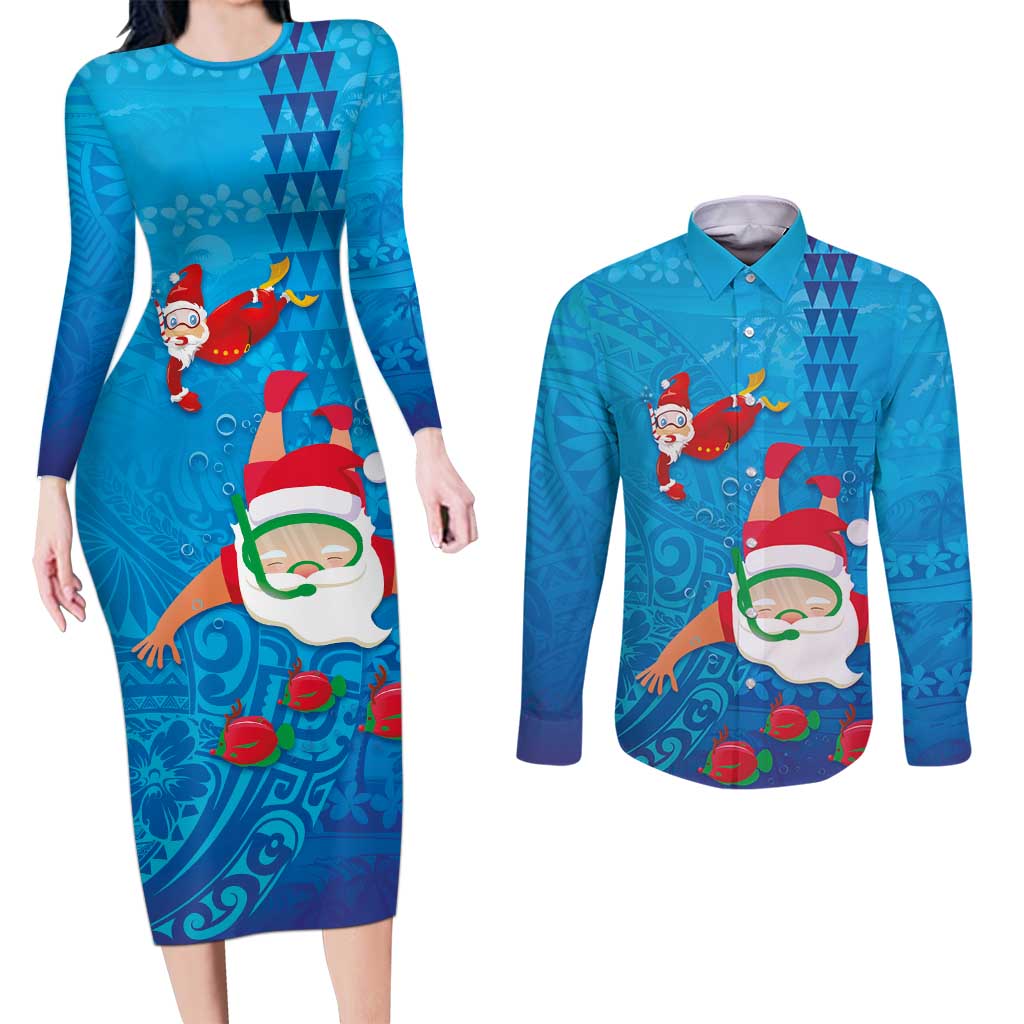 Hawaiian Santa Claus Snorkeling Couples Matching Long Sleeve Bodycon Dress and Long Sleeve Button Shirt Kakau and Polynesian Pattern