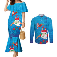 Hawaiian Santa Claus Snorkeling Couples Matching Mermaid Dress and Long Sleeve Button Shirt Kakau and Polynesian Pattern