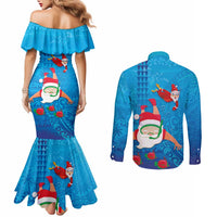 Hawaiian Santa Claus Snorkeling Couples Matching Mermaid Dress and Long Sleeve Button Shirt Kakau and Polynesian Pattern