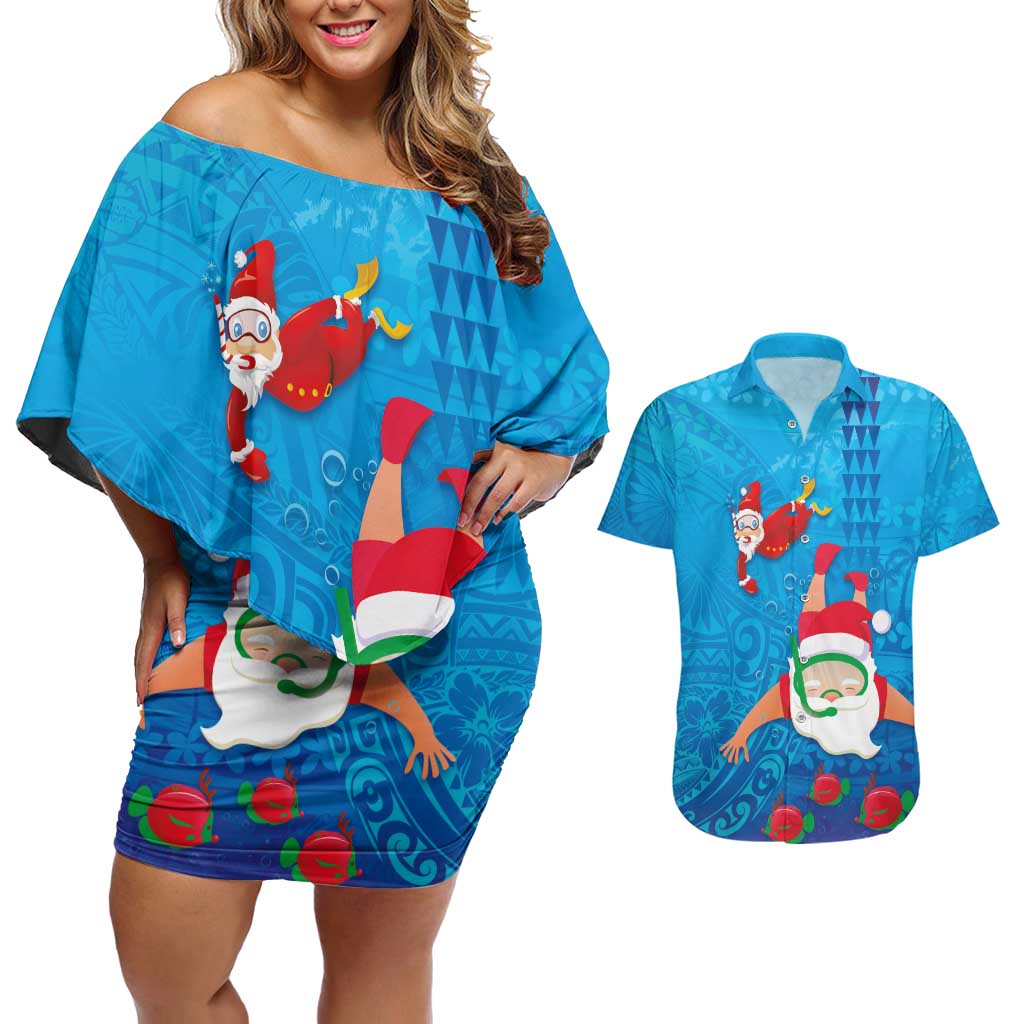 Hawaiian Santa Claus Snorkeling Couples Matching Off Shoulder Short Dress and Hawaiian Shirt Kakau and Polynesian Pattern