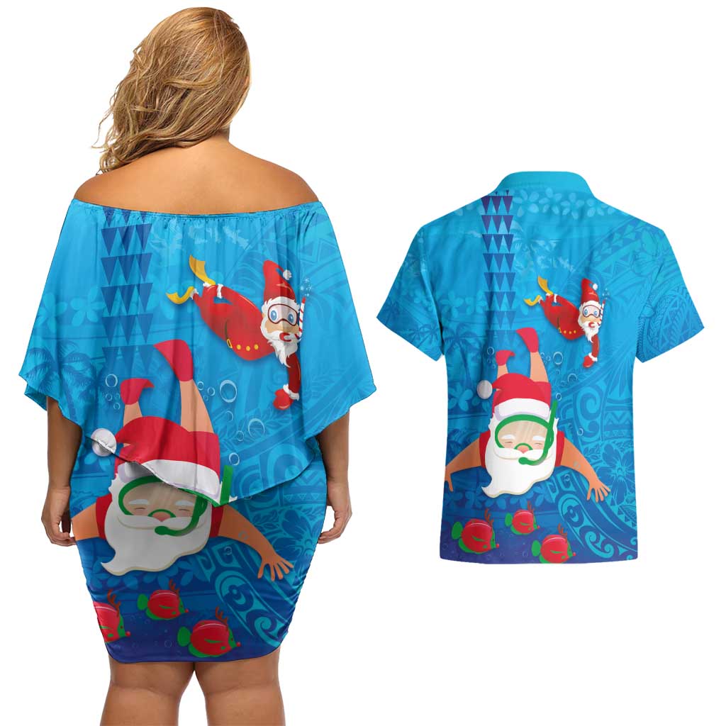 Hawaiian Santa Claus Snorkeling Couples Matching Off Shoulder Short Dress and Hawaiian Shirt Kakau and Polynesian Pattern