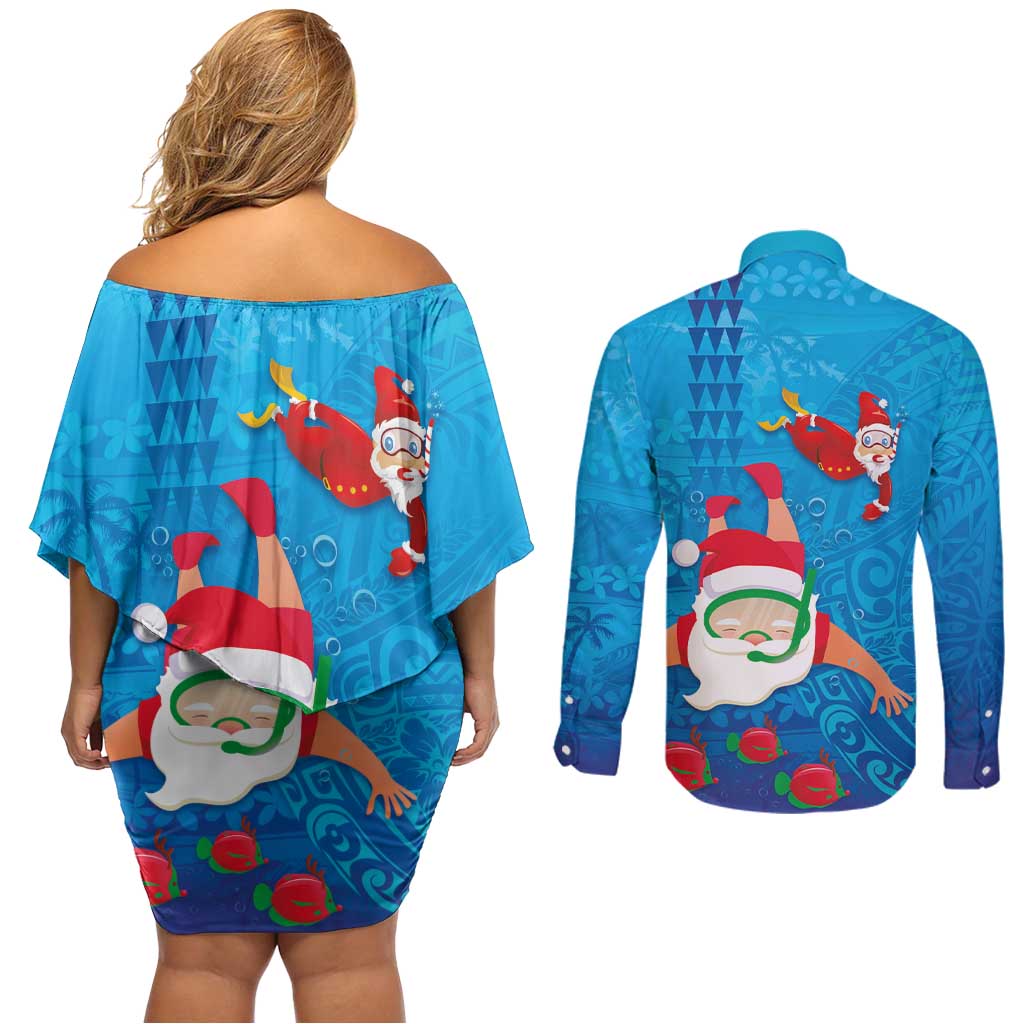 Hawaiian Santa Claus Snorkeling Couples Matching Off Shoulder Short Dress and Long Sleeve Button Shirt Kakau and Polynesian Pattern