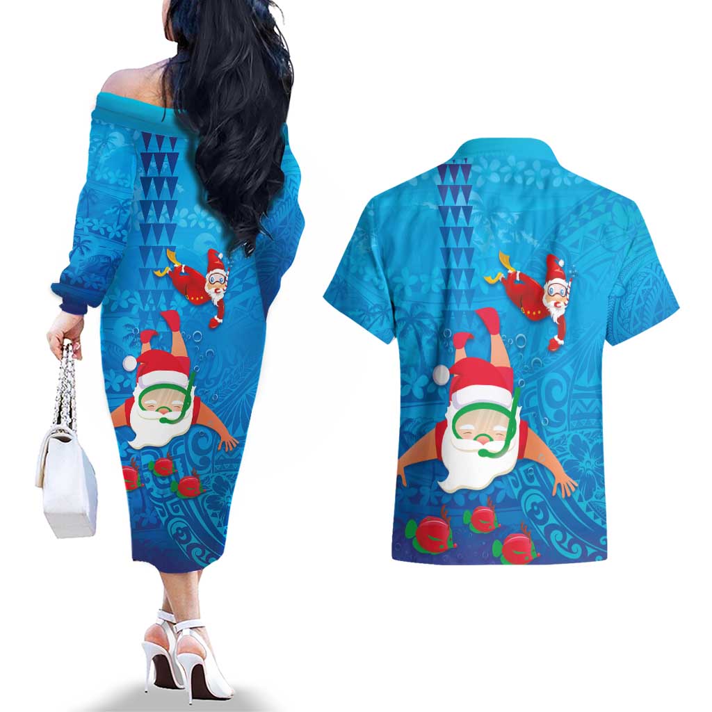 Hawaiian Santa Claus Snorkeling Couples Matching Off The Shoulder Long Sleeve Dress and Hawaiian Shirt Kakau and Polynesian Pattern