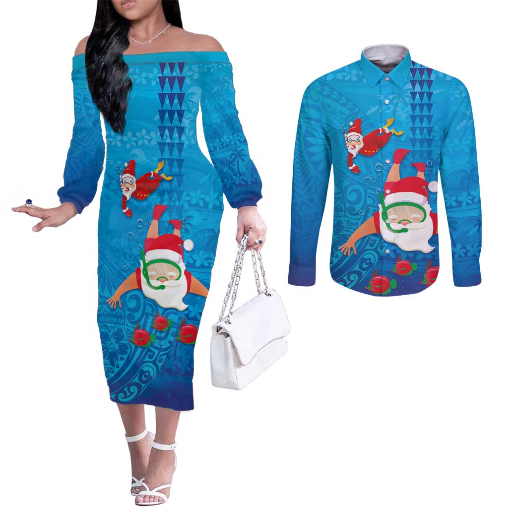 Hawaiian Santa Claus Snorkeling Couples Matching Off The Shoulder Long Sleeve Dress and Long Sleeve Button Shirt Kakau and Polynesian Pattern