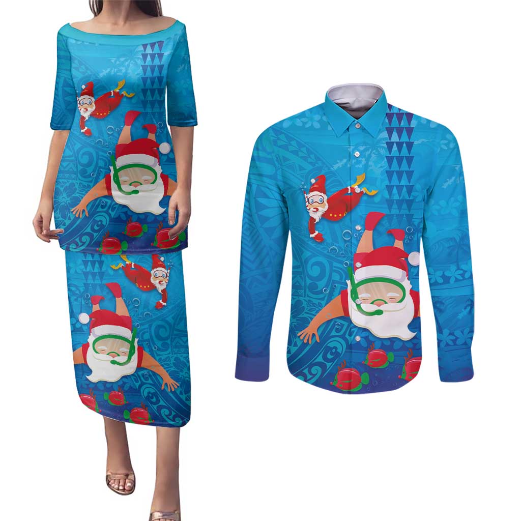 Hawaiian Santa Claus Snorkeling Couples Matching Puletasi and Long Sleeve Button Shirt Kakau and Polynesian Pattern