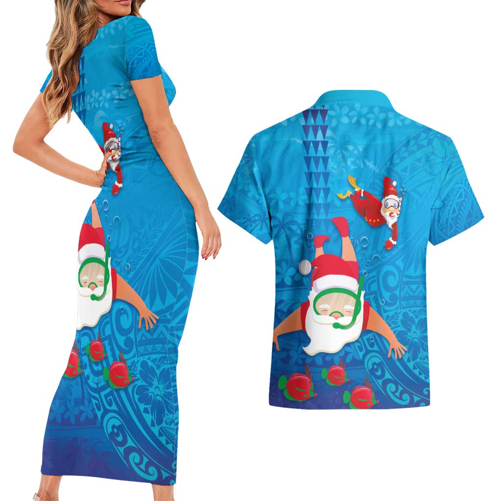 Hawaiian Santa Claus Snorkeling Couples Matching Short Sleeve Bodycon Dress and Hawaiian Shirt Kakau and Polynesian Pattern