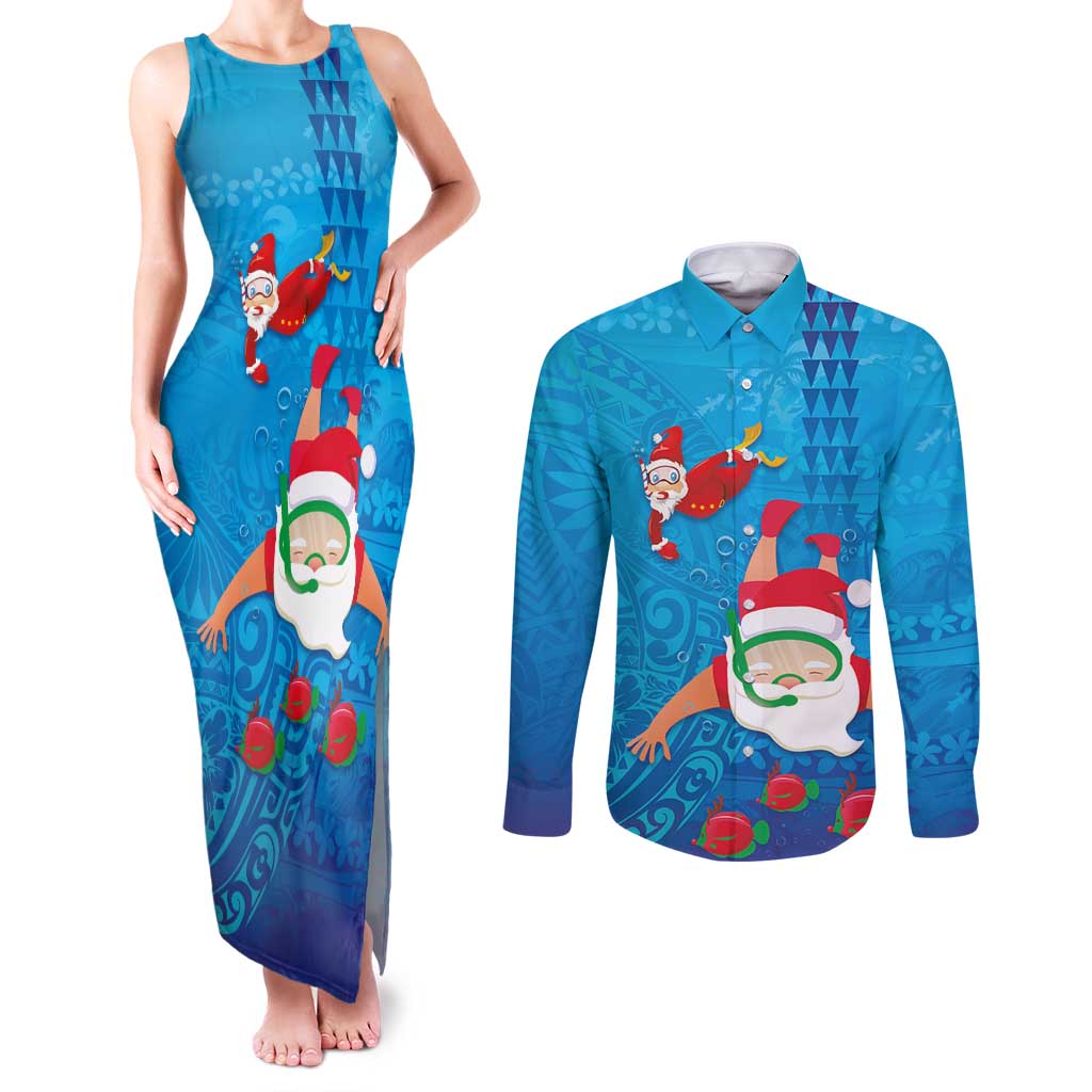 Hawaiian Santa Claus Snorkeling Couples Matching Tank Maxi Dress and Long Sleeve Button Shirt Kakau and Polynesian Pattern