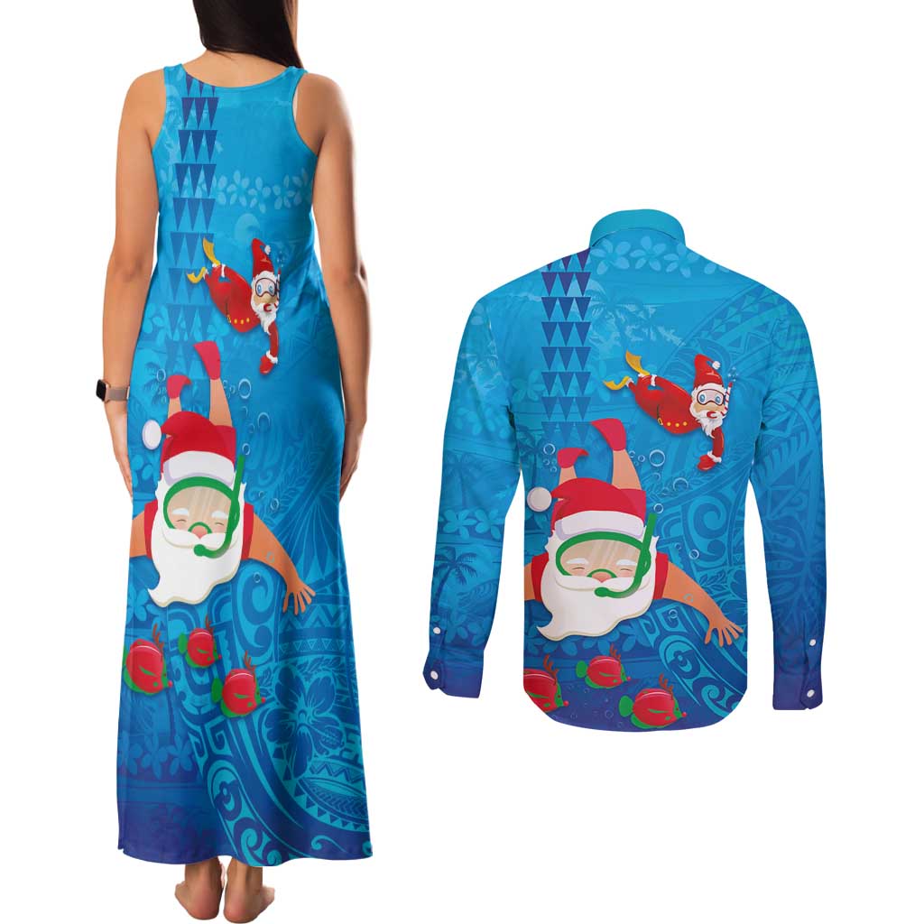 Hawaiian Santa Claus Snorkeling Couples Matching Tank Maxi Dress and Long Sleeve Button Shirt Kakau and Polynesian Pattern