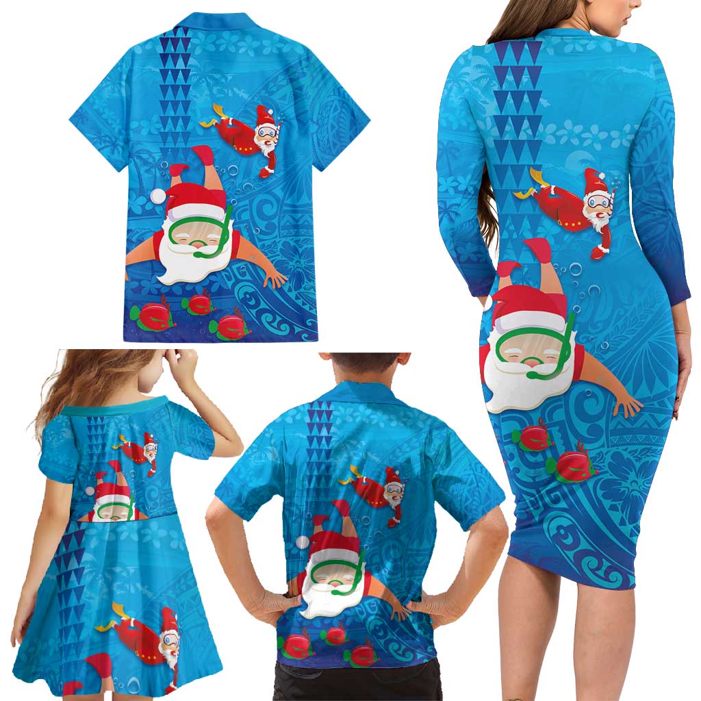Hawaiian Santa Claus Snorkeling Family Matching Long Sleeve Bodycon Dress and Hawaiian Shirt Kakau and Polynesian Pattern