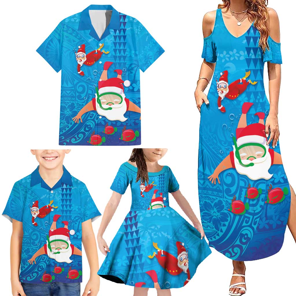 Hawaiian Santa Claus Snorkeling Family Matching Summer Maxi Dress and Hawaiian Shirt Kakau and Polynesian Pattern