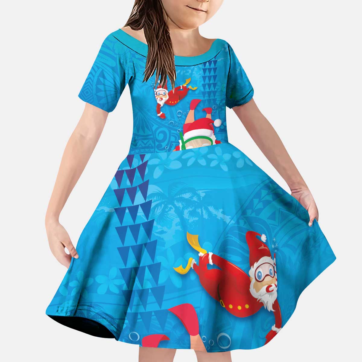 Hawaiian Santa Claus Snorkeling Kid Short Sleeve Dress Kakau and Polynesian Pattern