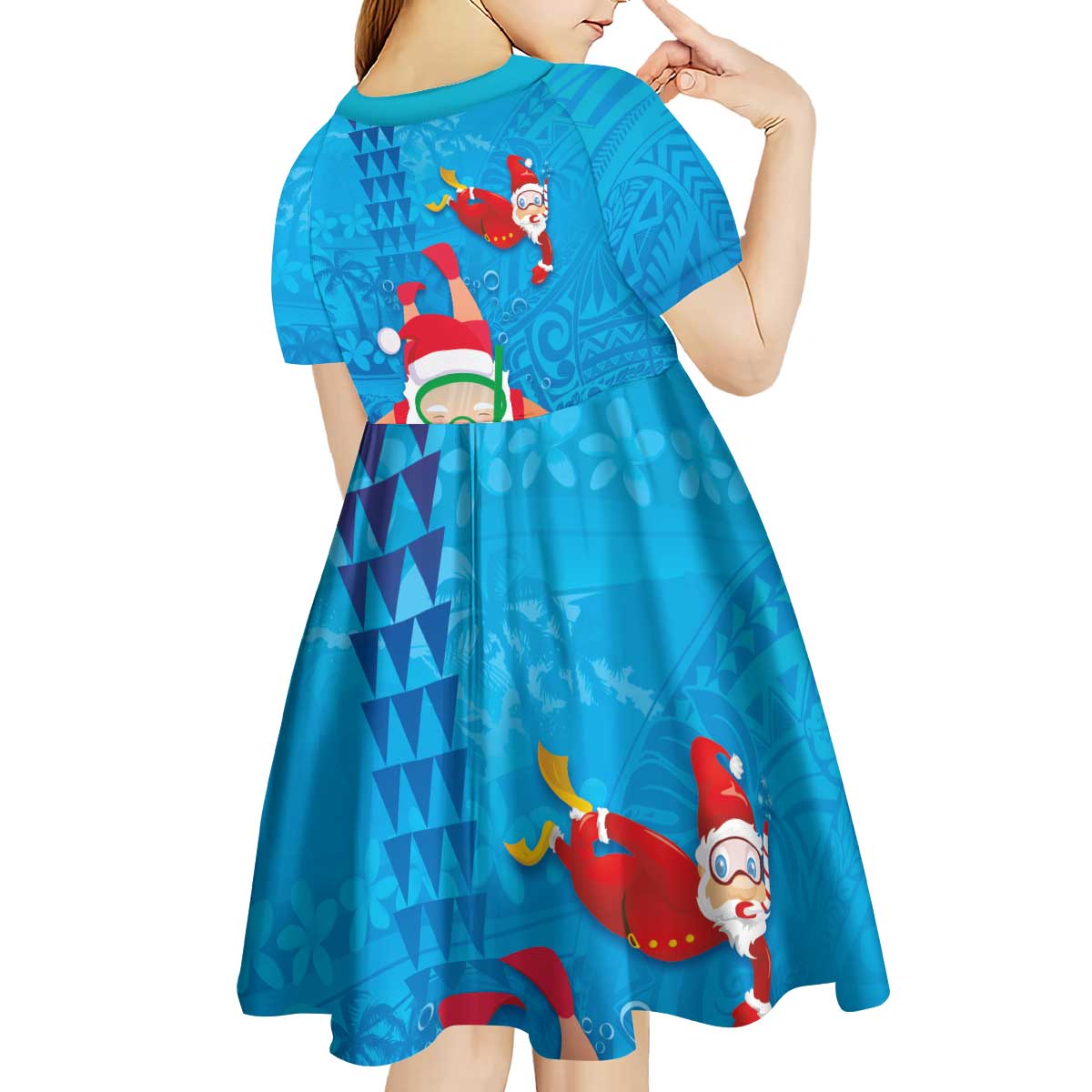 Hawaiian Santa Claus Snorkeling Kid Short Sleeve Dress Kakau and Polynesian Pattern