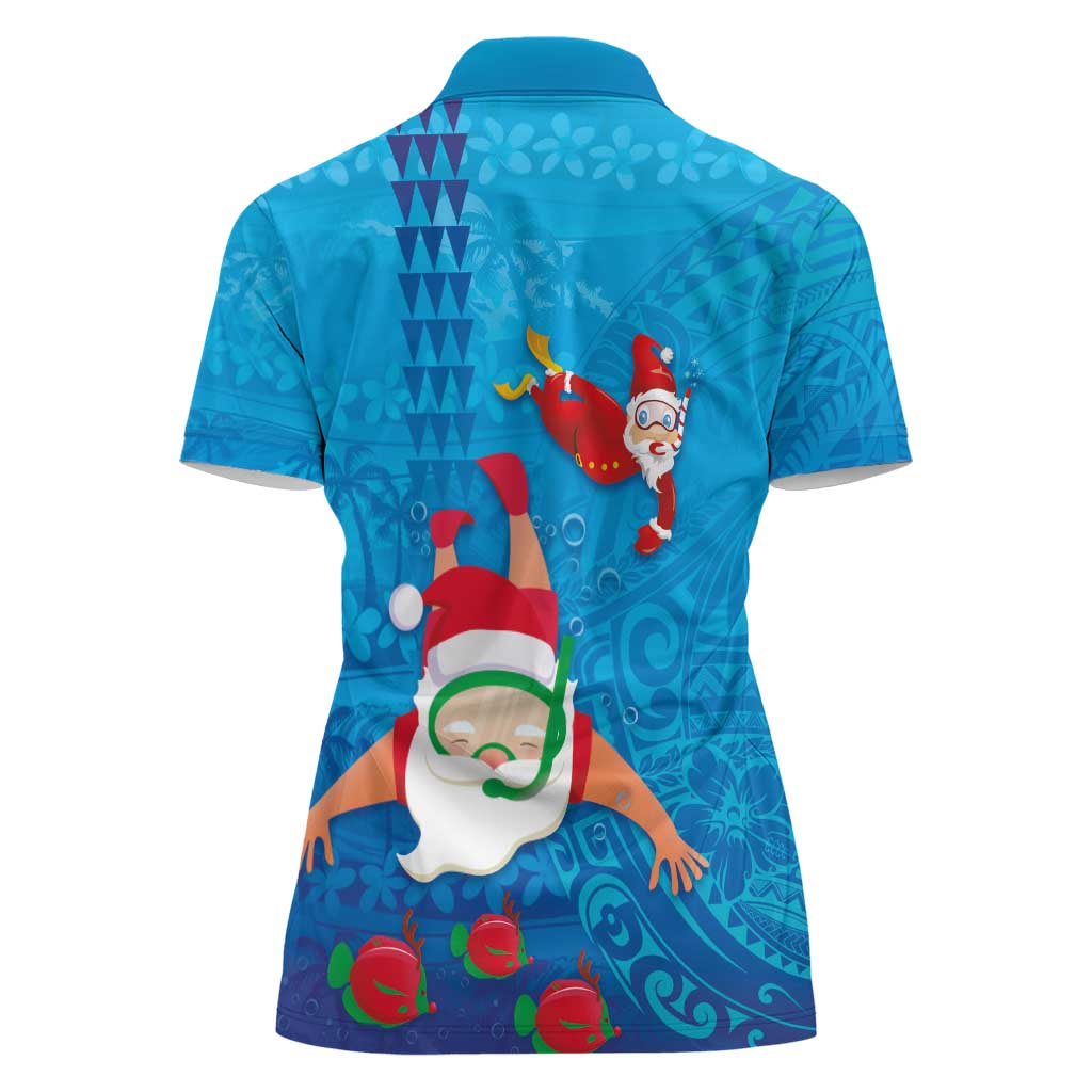 Hawaiian Santa Claus Snorkeling Women Polo Shirt Kakau and Polynesian Pattern