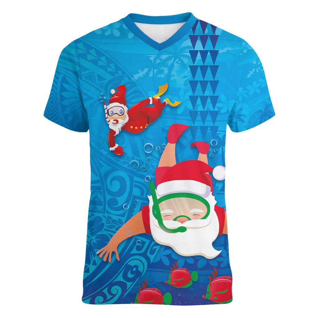 Hawaiian Santa Claus Snorkeling Women V-Neck T-Shirt Kakau and Polynesian Pattern