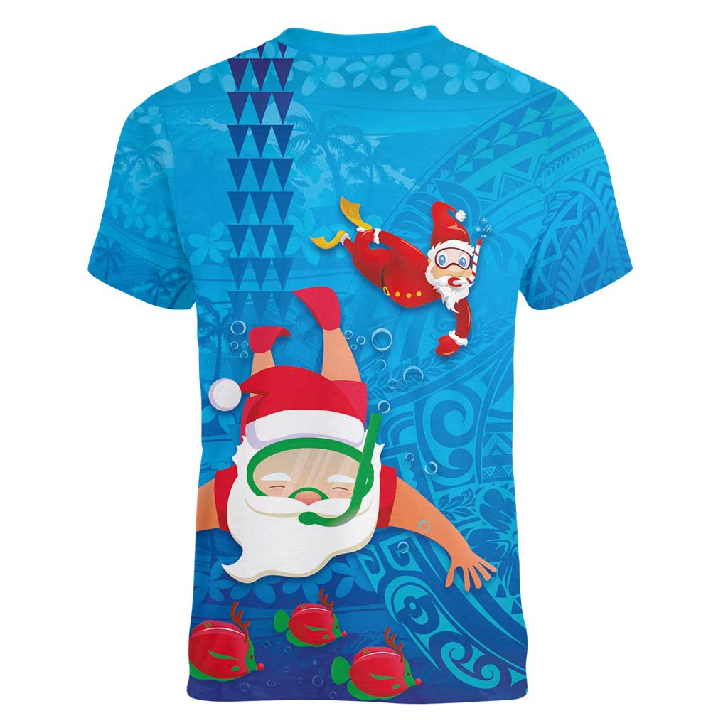Hawaiian Santa Claus Snorkeling Women V-Neck T-Shirt Kakau and Polynesian Pattern