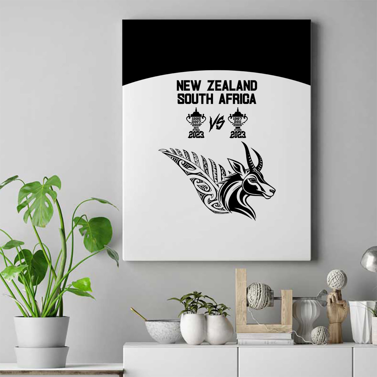 South Africa and New Zealand Canvas Wall Art Champion History Go Final 2023 Vintage Style LT03 White - Polynesian Pride