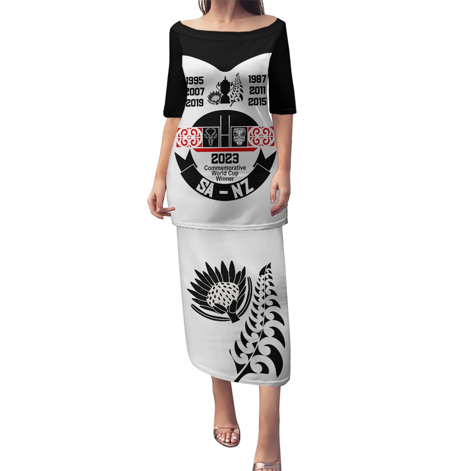 South Africa and New Zealand Puletasi Champion History Go Final 2023 Vintage Style LT03 Long Dress White - Polynesian Pride