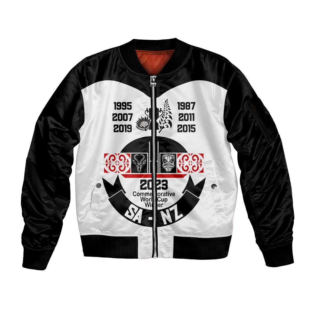 South Africa and New Zealand Sleeve Zip Bomber Jacket Champion History Go Final 2023 Vintage Style LT03 Unisex White - Polynesian Pride