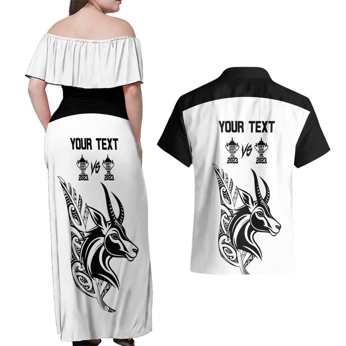 Personalised South Africa and New Zealand Couples Matching Off Shoulder Maxi Dress and Hawaiian Shirt Champion History Go Final 2023 Vintage Style LT03 - Polynesian Pride