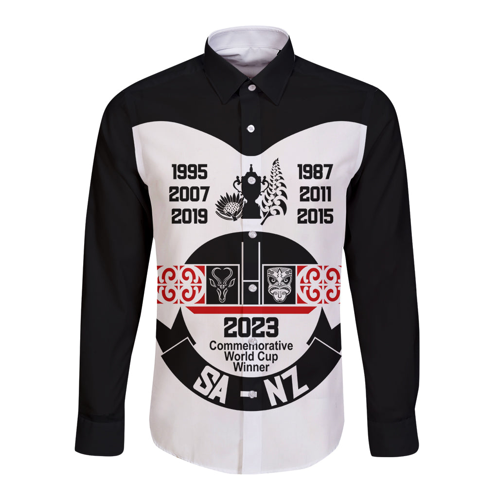 Personalised South Africa and New Zealand Long Sleeve Button Shirt Champion History Go Final 2023 Vintage Style LT03 Unisex White - Polynesian Pride