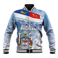 New Zealand Auckland Baseball Jacket Auckland's Flag and Coat of Arms - Koru Art Maori Pattern LT03 Unisex Light Blue - Polynesian Pride