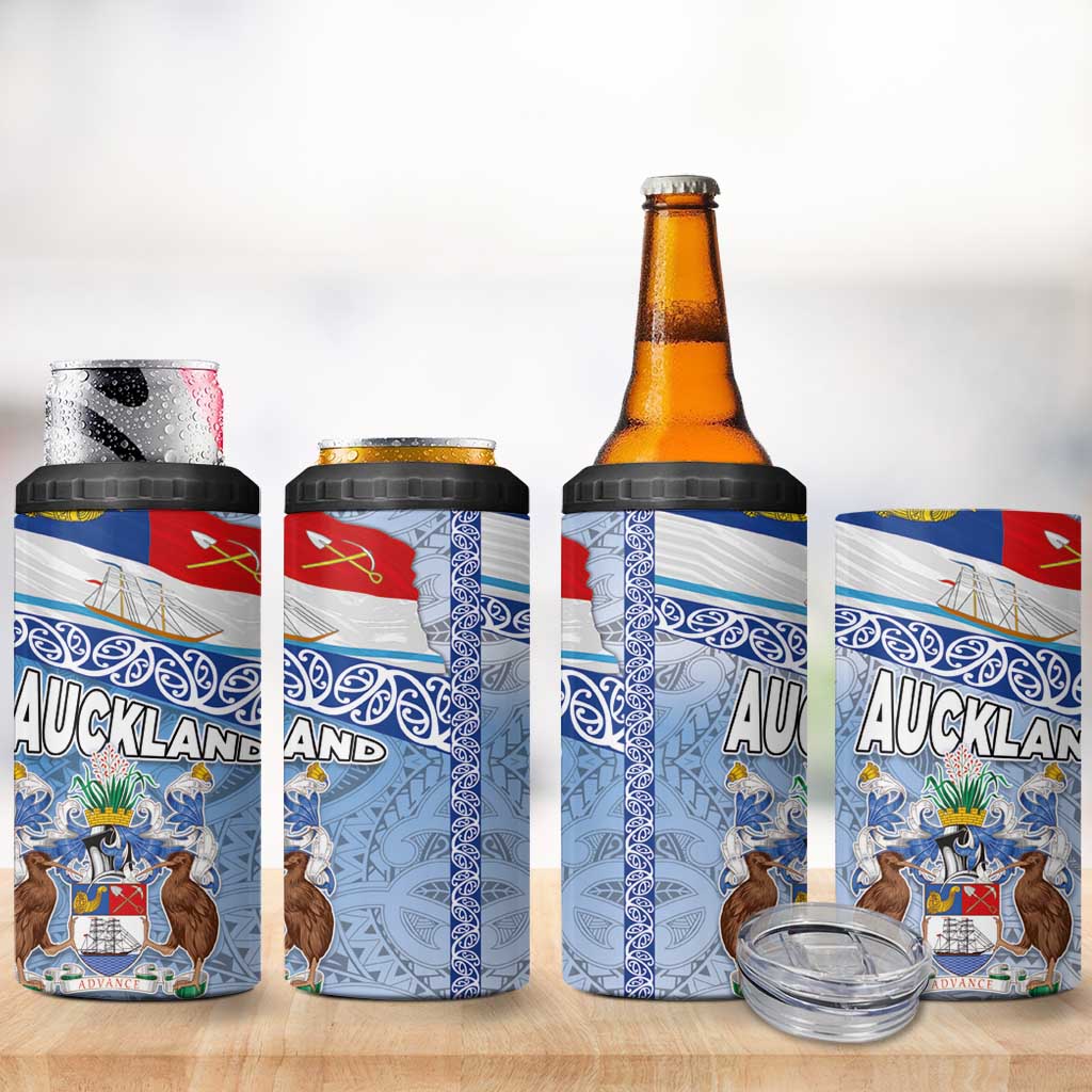 New Zealand Auckland 4 in 1 Can Cooler Tumbler Auckland's Flag and Coat of Arms - Koru Art Maori Pattern