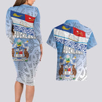 New Zealand Auckland Couples Matching Long Sleeve Bodycon Dress and Hawaiian Shirt Auckland's Flag and Coat of Arms - Koru Art Maori Pattern LT03 - Polynesian Pride