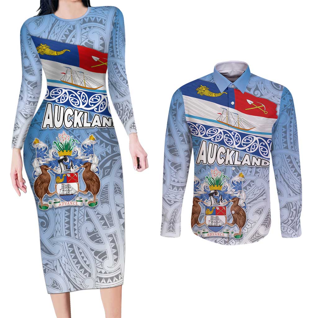 New Zealand Auckland Couples Matching Long Sleeve Bodycon Dress and Long Sleeve Button Shirt Auckland's Flag and Coat of Arms - Koru Art Maori Pattern