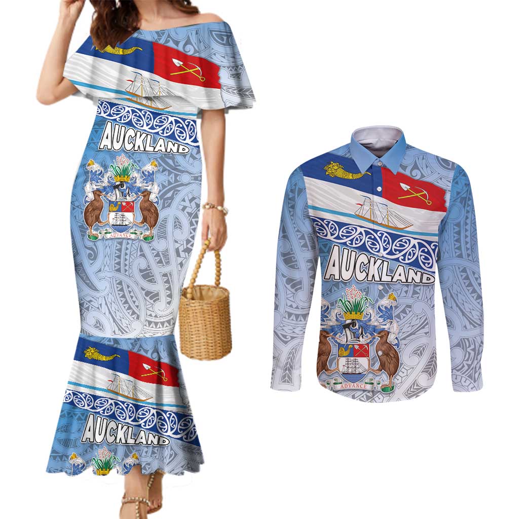 New Zealand Auckland Couples Matching Mermaid Dress and Long Sleeve Button Shirt Auckland's Flag and Coat of Arms - Koru Art Maori Pattern