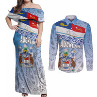 New Zealand Auckland Couples Matching Off Shoulder Maxi Dress and Long Sleeve Button Shirt Auckland's Flag and Coat of Arms - Koru Art Maori Pattern