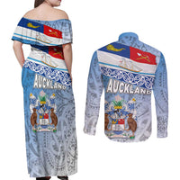 New Zealand Auckland Couples Matching Off Shoulder Maxi Dress and Long Sleeve Button Shirt Auckland's Flag and Coat of Arms - Koru Art Maori Pattern