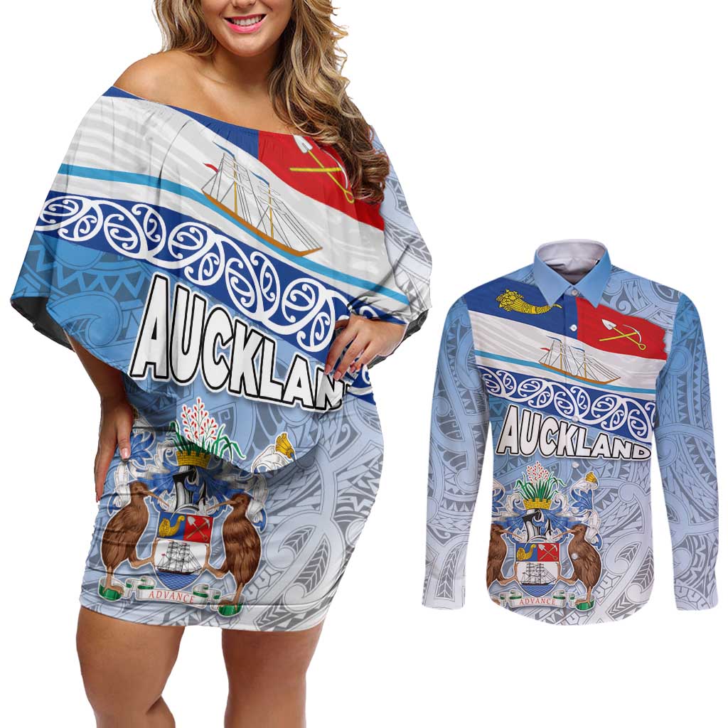 New Zealand Auckland Couples Matching Off Shoulder Short Dress and Long Sleeve Button Shirt Auckland's Flag and Coat of Arms - Koru Art Maori Pattern