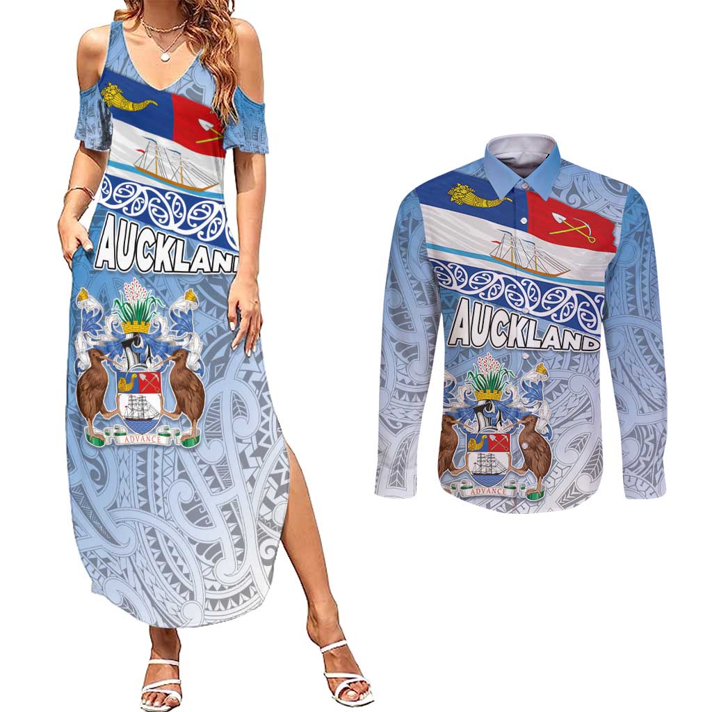 New Zealand Auckland Couples Matching Summer Maxi Dress and Long Sleeve Button Shirt Auckland's Flag and Coat of Arms - Koru Art Maori Pattern