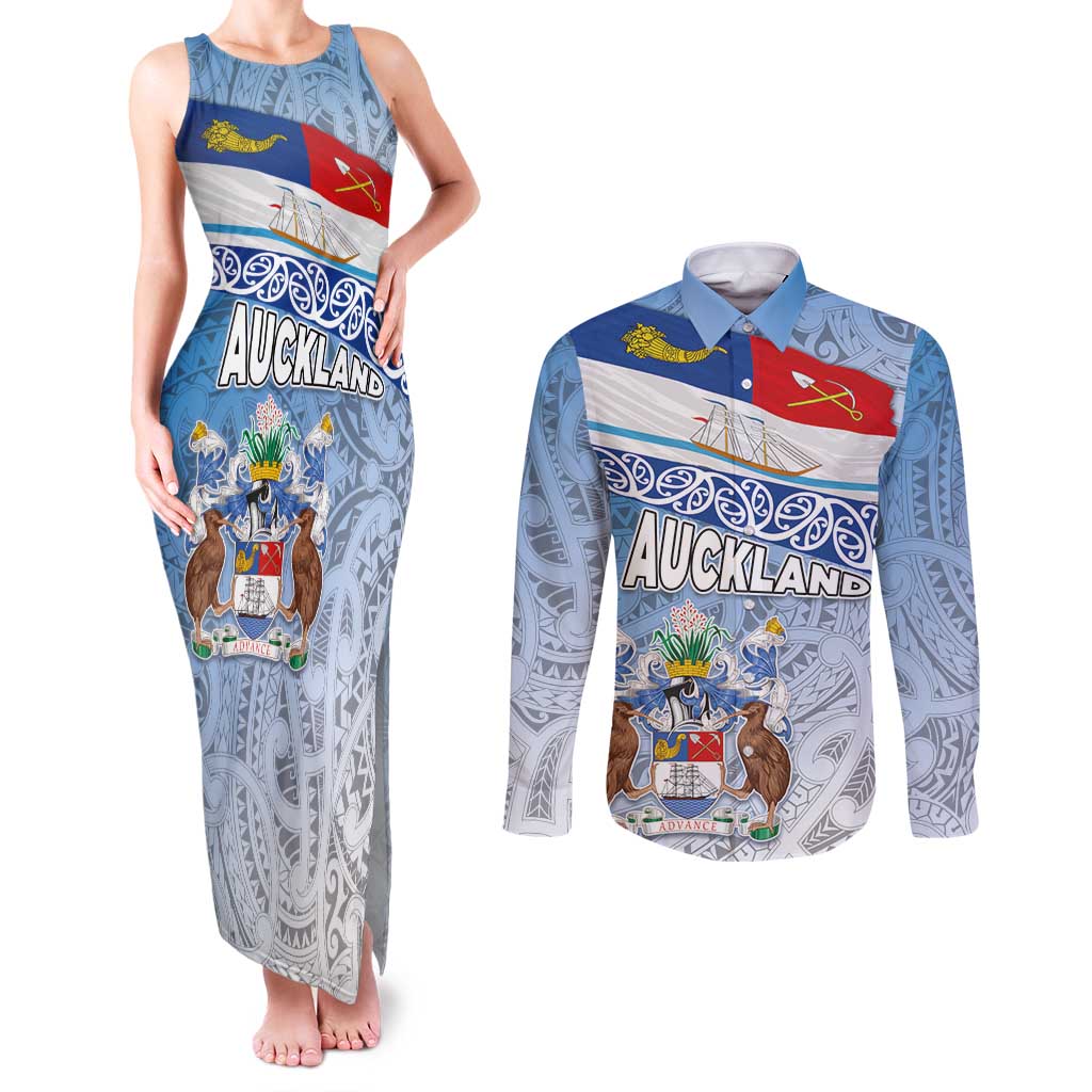 New Zealand Auckland Couples Matching Tank Maxi Dress and Long Sleeve Button Shirt Auckland's Flag and Coat of Arms - Koru Art Maori Pattern