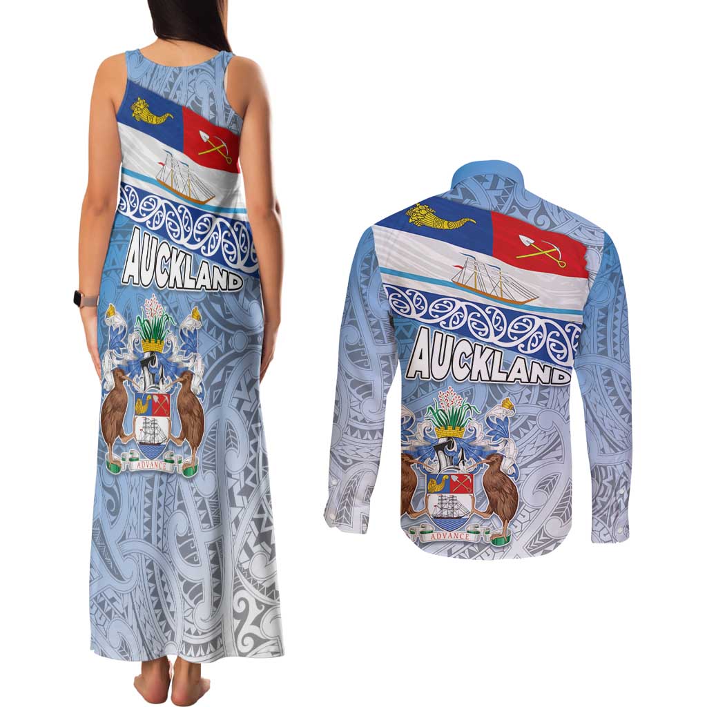 New Zealand Auckland Couples Matching Tank Maxi Dress and Long Sleeve Button Shirt Auckland's Flag and Coat of Arms - Koru Art Maori Pattern
