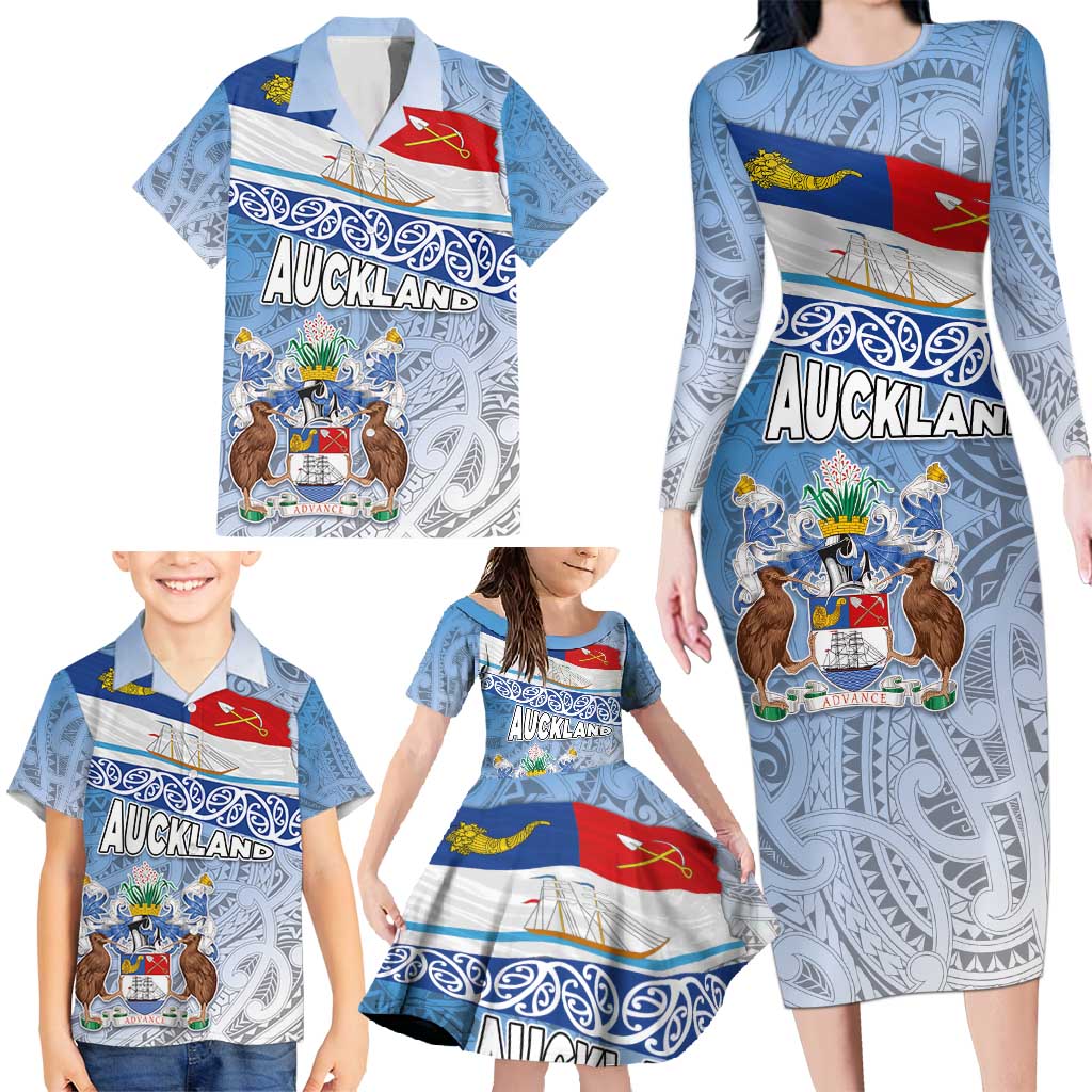 New Zealand Auckland Family Matching Long Sleeve Bodycon Dress and Hawaiian Shirt Auckland's Flag and Coat of Arms - Koru Art Maori Pattern LT03 - Polynesian Pride