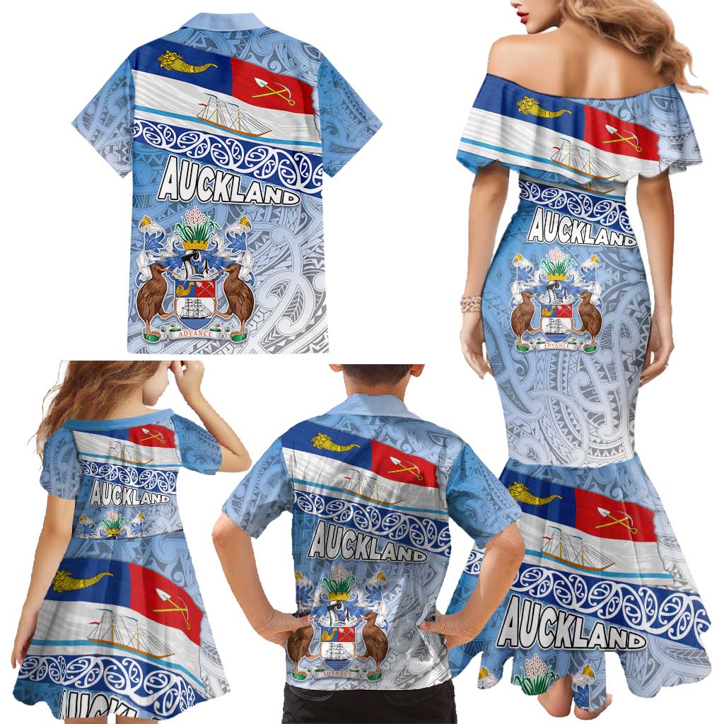 New Zealand Auckland Family Matching Mermaid Dress and Hawaiian Shirt Auckland's Flag and Coat of Arms - Koru Art Maori Pattern LT03 - Polynesian Pride