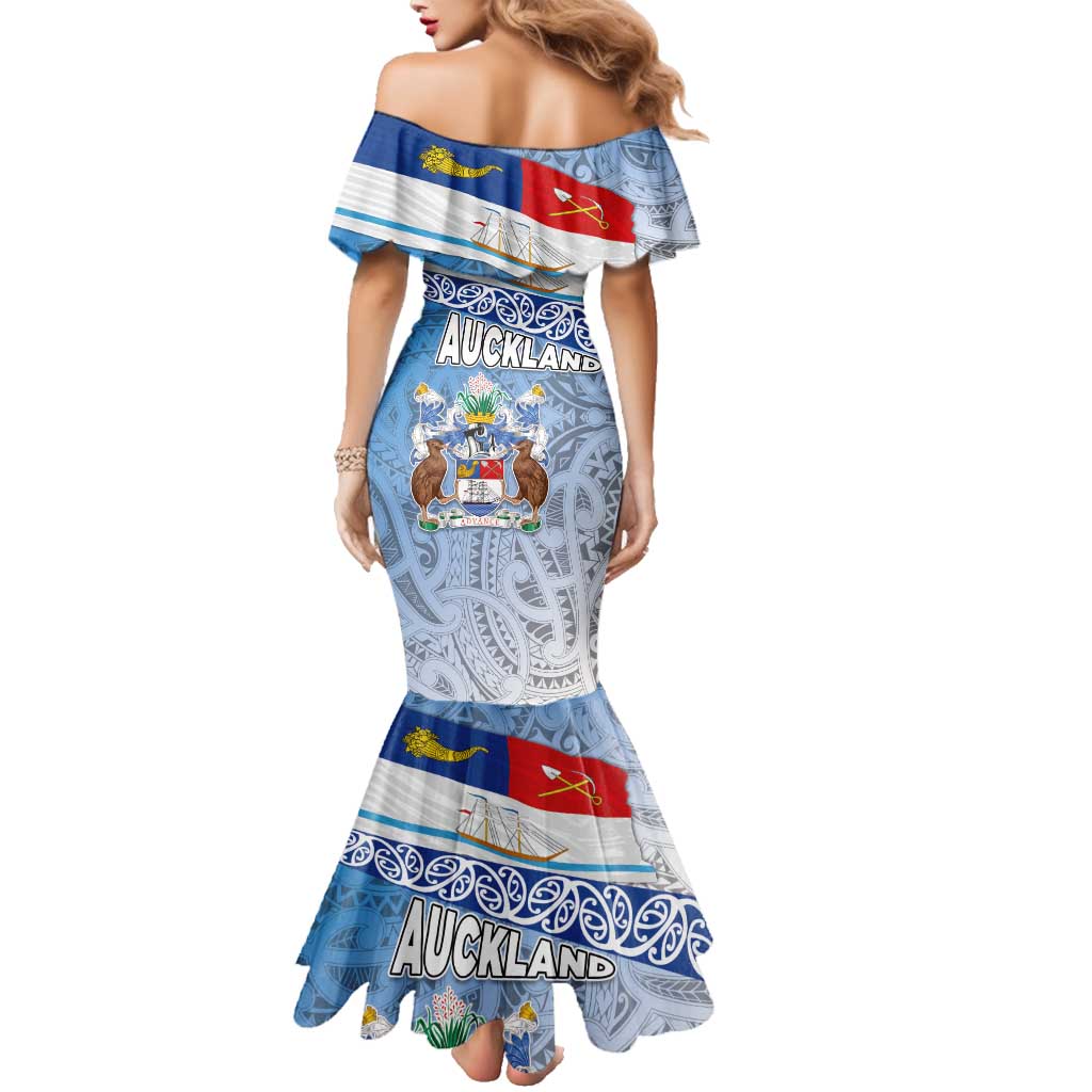New Zealand Auckland Family Matching Mermaid Dress and Hawaiian Shirt Auckland's Flag and Coat of Arms - Koru Art Maori Pattern LT03 - Polynesian Pride