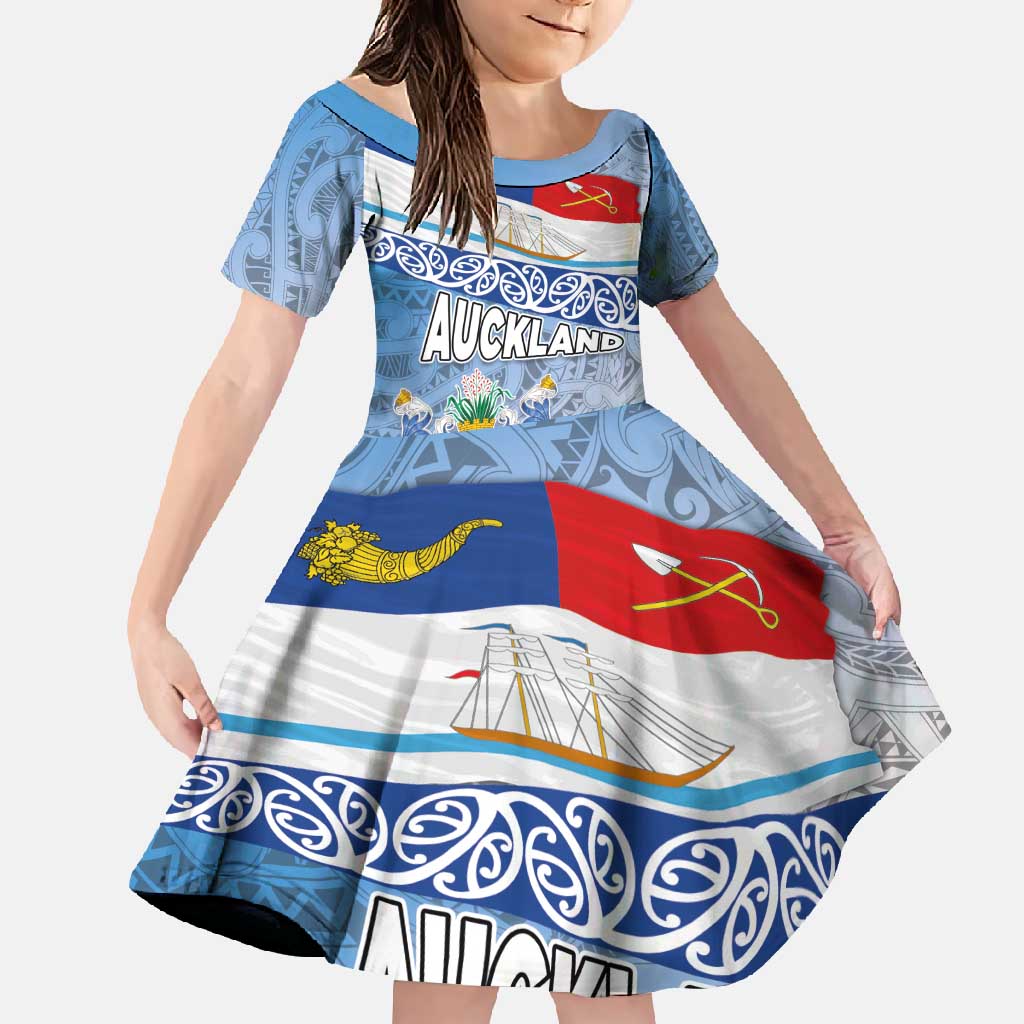 New Zealand Auckland Family Matching Off Shoulder Maxi Dress and Hawaiian Shirt Auckland's Flag and Coat of Arms - Koru Art Maori Pattern LT03 Daughter's Dress Light Blue - Polynesian Pride