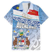 New Zealand Auckland Family Matching Off Shoulder Maxi Dress and Hawaiian Shirt Auckland's Flag and Coat of Arms - Koru Art Maori Pattern LT03 Dad's Shirt - Short Sleeve Light Blue - Polynesian Pride
