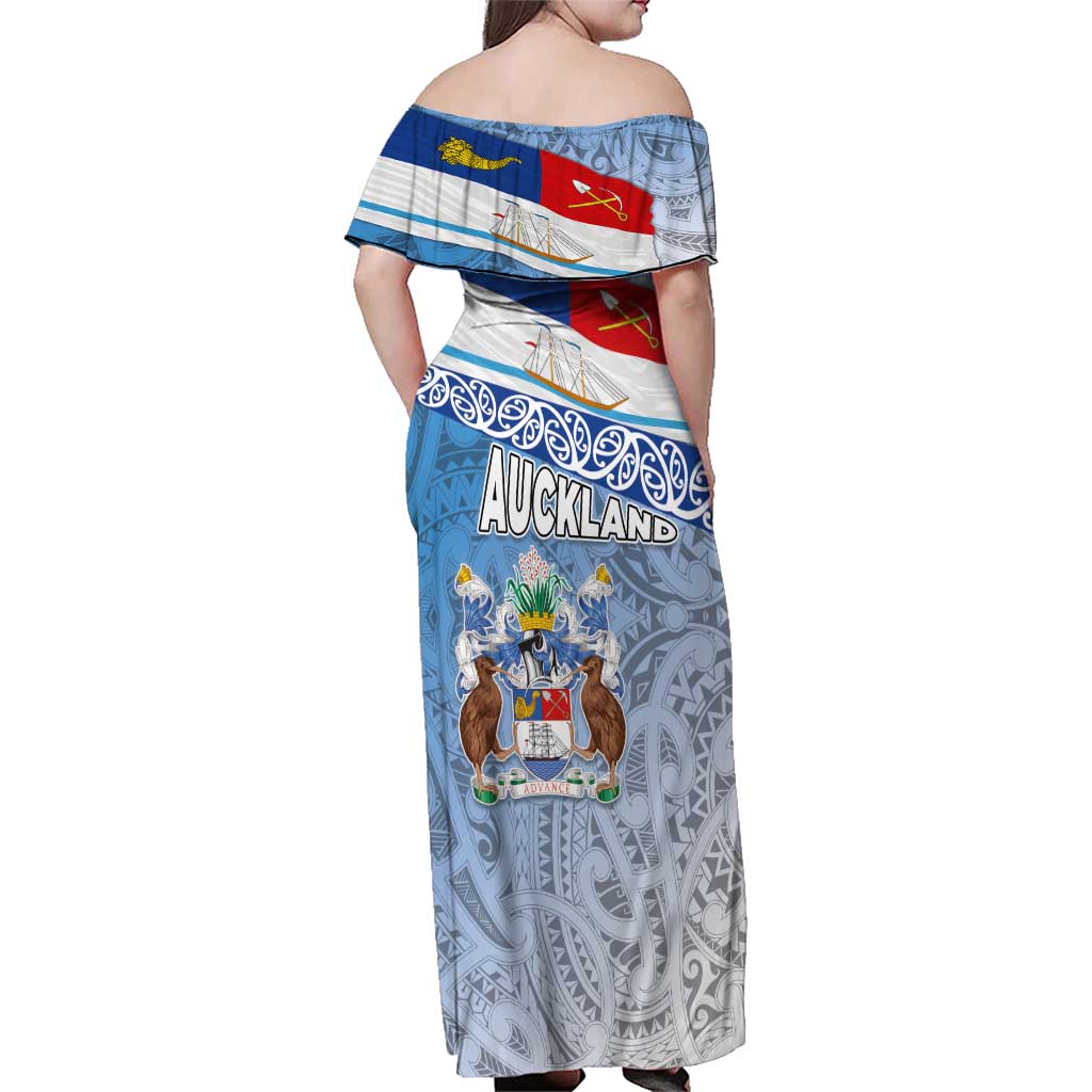 New Zealand Auckland Family Matching Off Shoulder Maxi Dress and Hawaiian Shirt Auckland's Flag and Coat of Arms - Koru Art Maori Pattern LT03 - Polynesian Pride