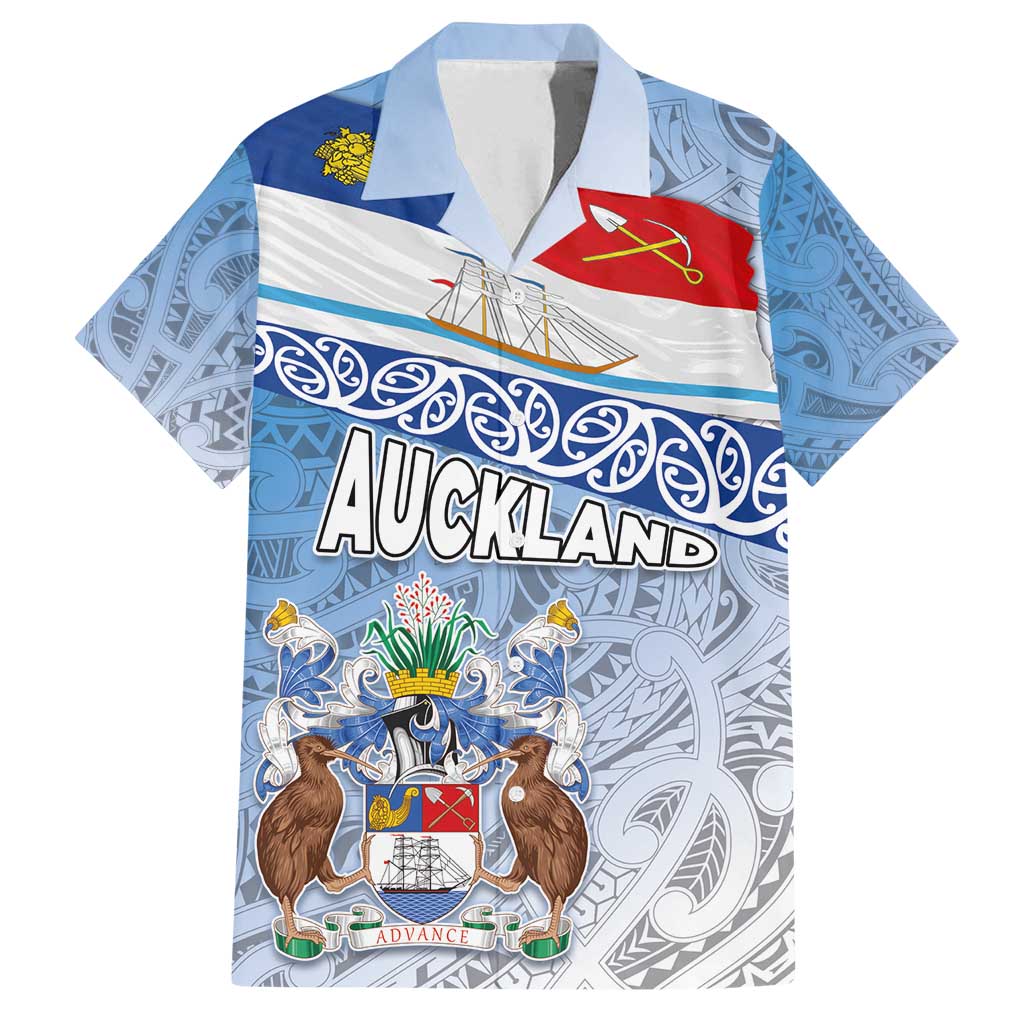 New Zealand Auckland Family Matching Off Shoulder Short Dress and Hawaiian Shirt Auckland's Flag and Coat of Arms - Koru Art Maori Pattern LT03 Dad's Shirt - Short Sleeve Light Blue - Polynesian Pride