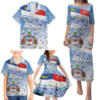 New Zealand Auckland Family Matching Puletasi and Hawaiian Shirt Auckland's Flag and Coat of Arms - Koru Art Maori Pattern LT03 - Polynesian Pride