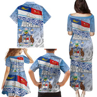 New Zealand Auckland Family Matching Puletasi and Hawaiian Shirt Auckland's Flag and Coat of Arms - Koru Art Maori Pattern LT03 - Polynesian Pride
