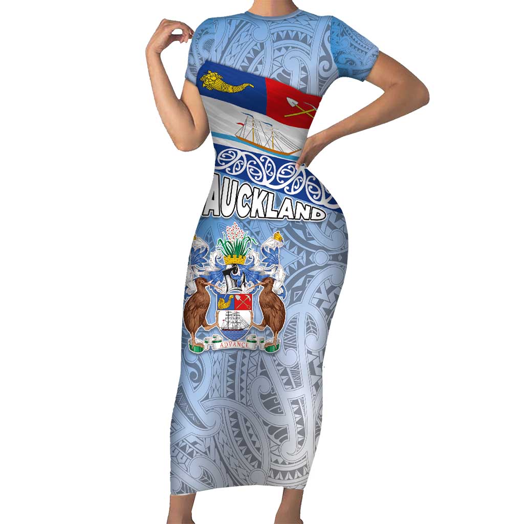 New Zealand Auckland Family Matching Short Sleeve Bodycon Dress and Hawaiian Shirt Auckland's Flag and Coat of Arms - Koru Art Maori Pattern LT03 Mom's Dress Light Blue - Polynesian Pride