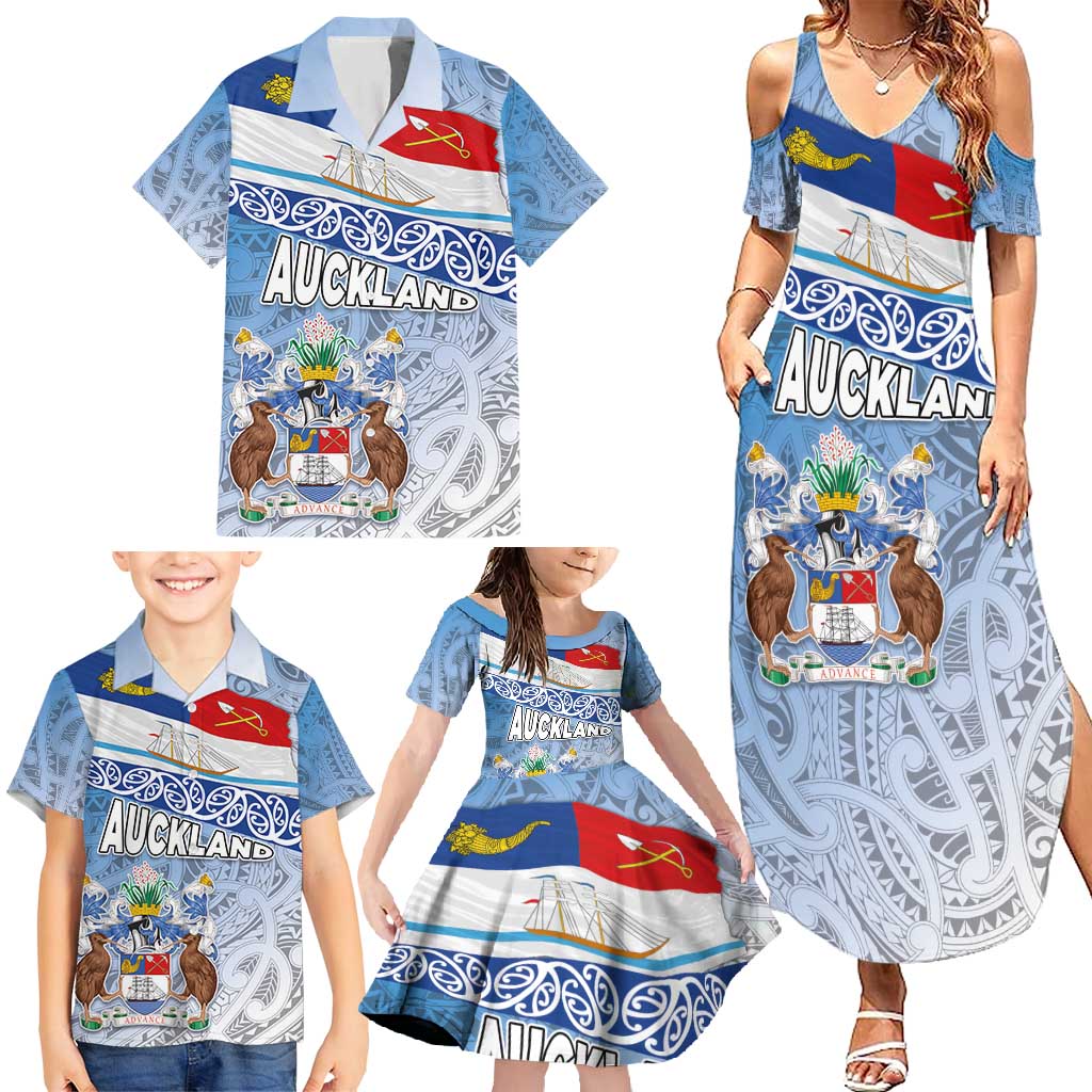 New Zealand Auckland Family Matching Summer Maxi Dress and Hawaiian Shirt Auckland's Flag and Coat of Arms - Koru Art Maori Pattern LT03 - Polynesian Pride