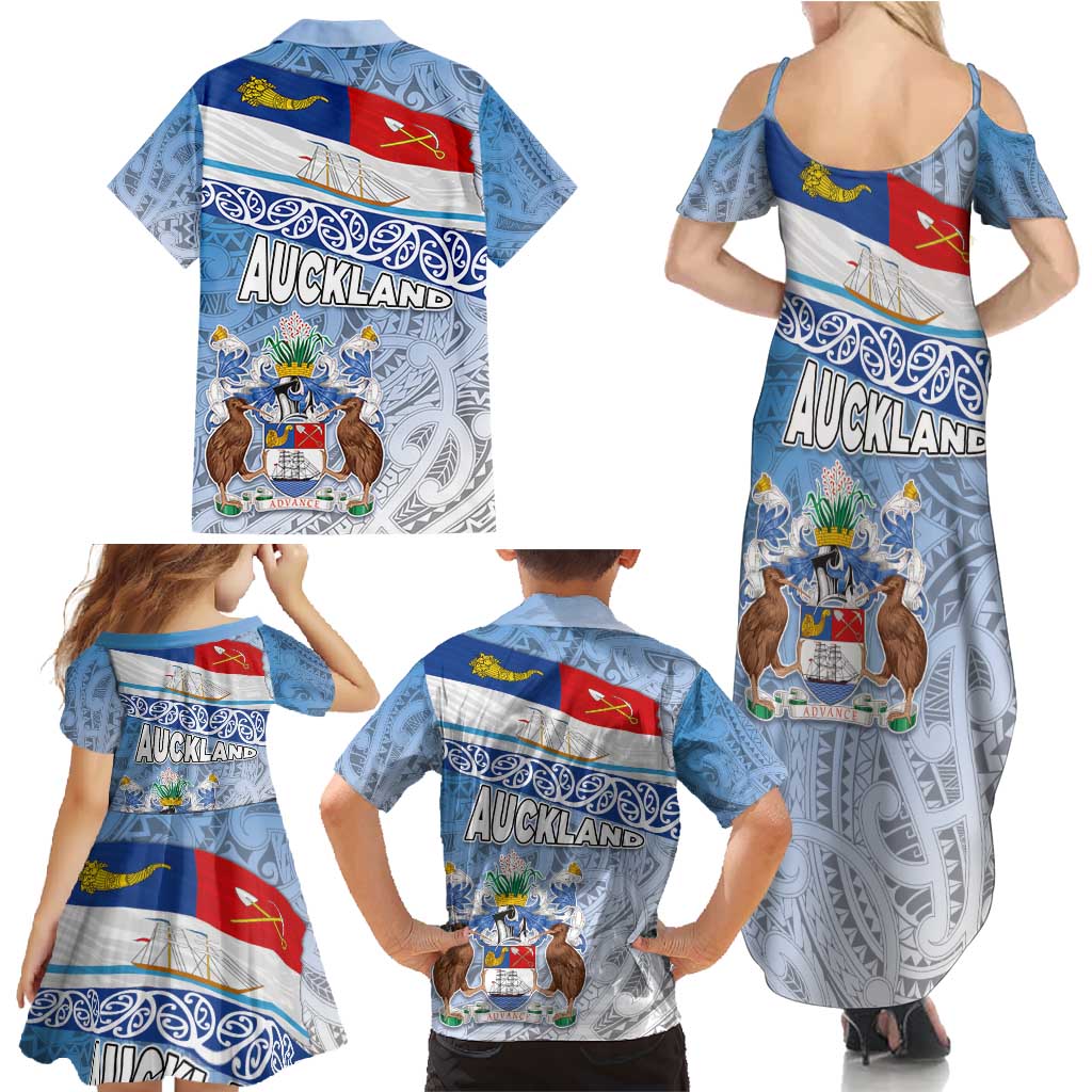 New Zealand Auckland Family Matching Summer Maxi Dress and Hawaiian Shirt Auckland's Flag and Coat of Arms - Koru Art Maori Pattern LT03 - Polynesian Pride