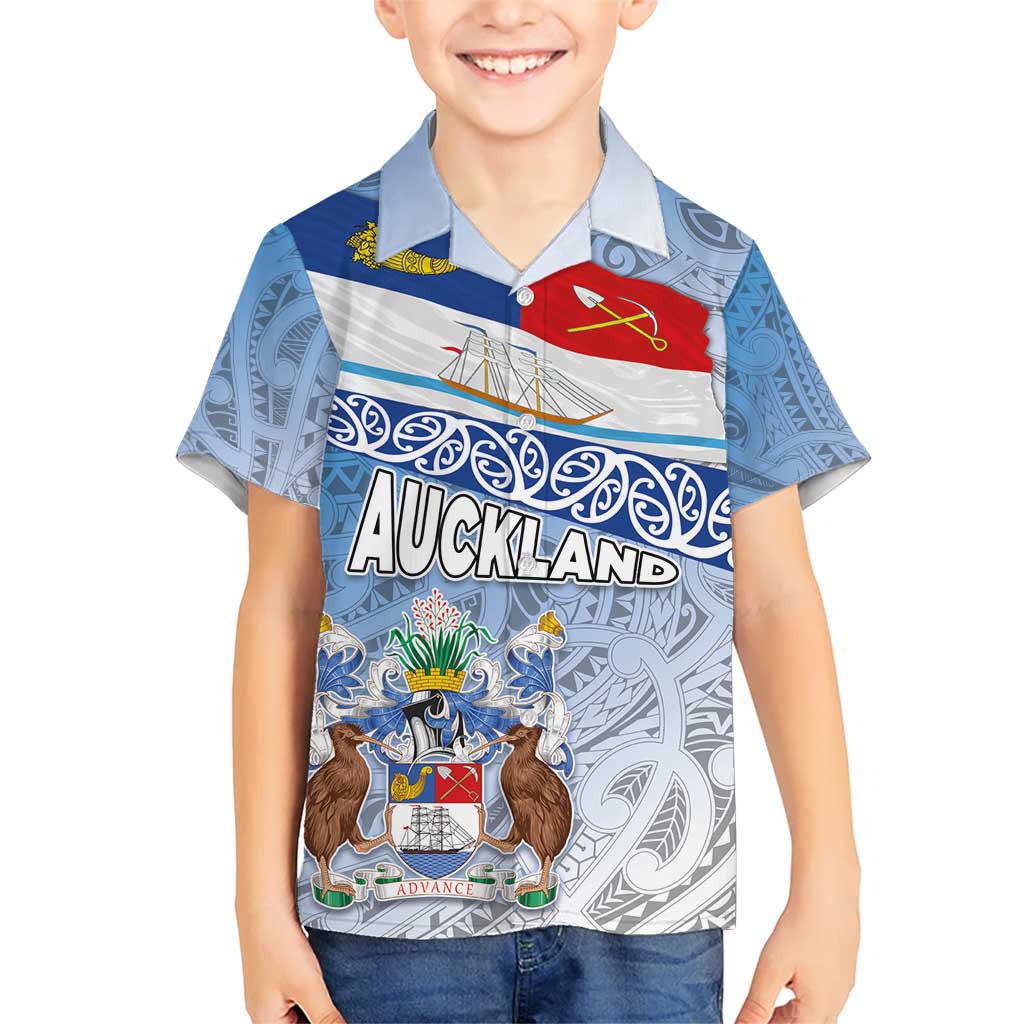 New Zealand Auckland Kid Hawaiian Shirt Auckland's Flag and Coat of Arms - Koru Art Maori Pattern LT03 Kid Light Blue - Polynesian Pride